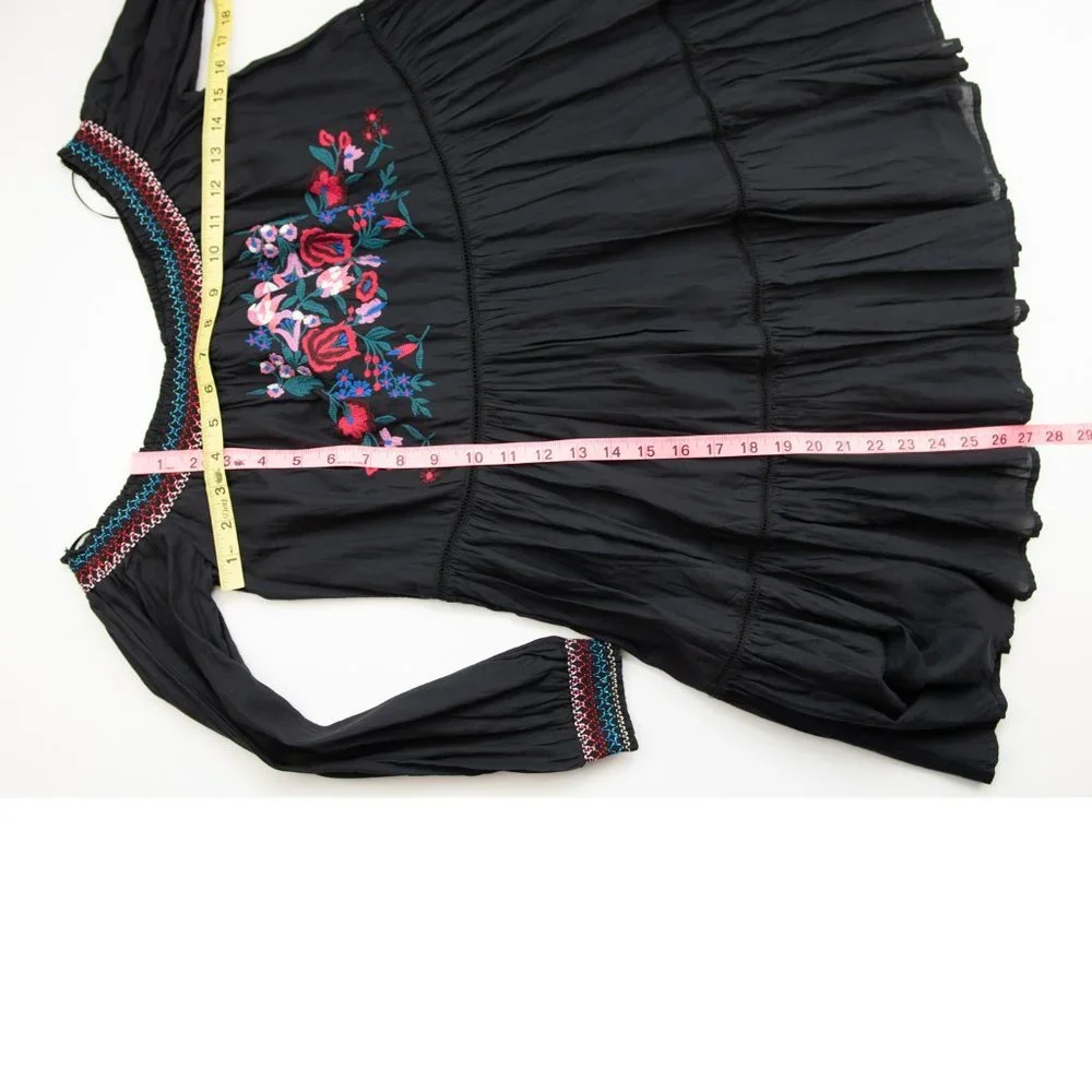 Free People Sunbeams Dress Floral Embroidery Mini Off Shoulder Black Size XS New